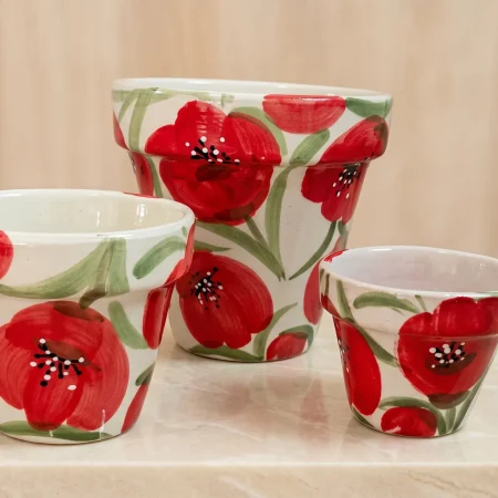 Hand-Painted Poppy Red & White Round Pot