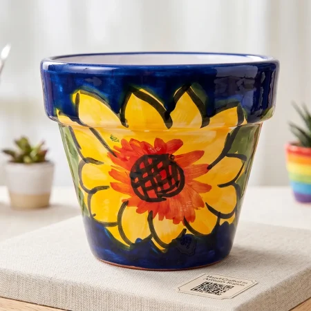 Hand-Painted Rainbow Flower Round Pot